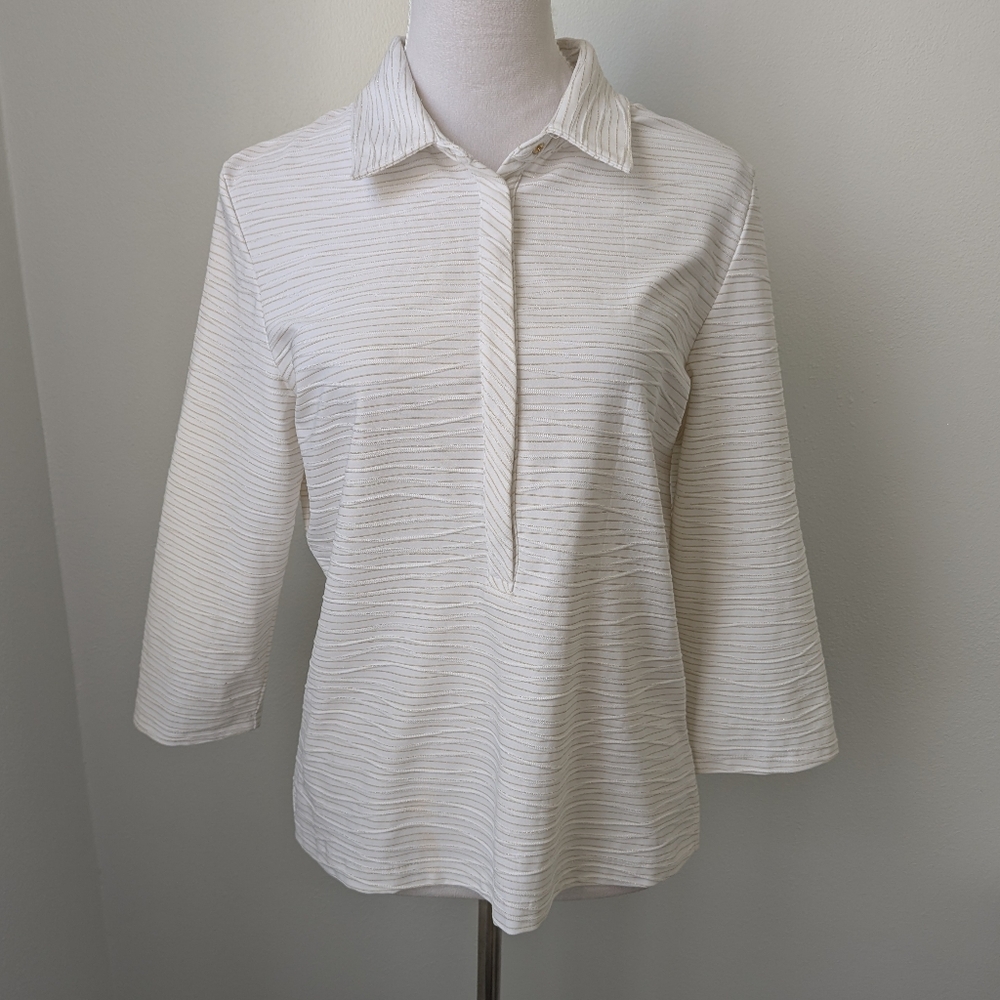 Tail 3/4 sleeve gold and white striped half button shirt, Large